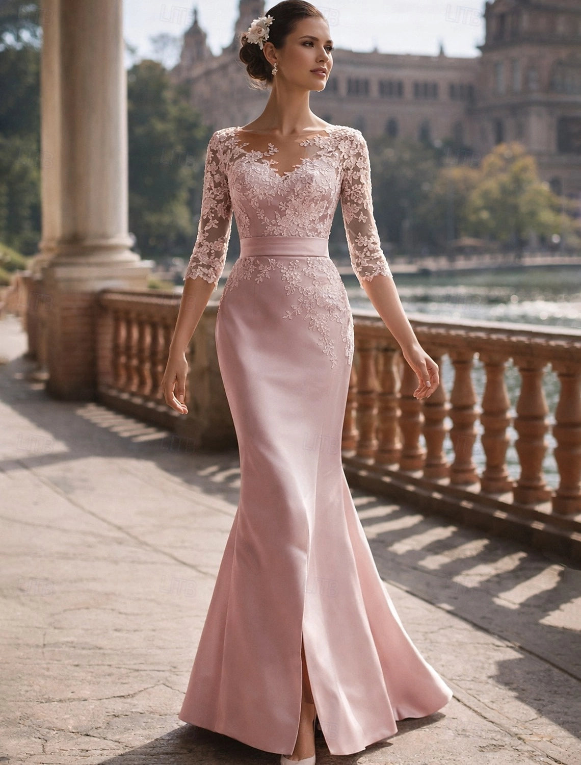 Elegant Mermaid Illusion V Neck 3/4 Sleeve Deep V Back Floor Length Mother Of The Bride Dress