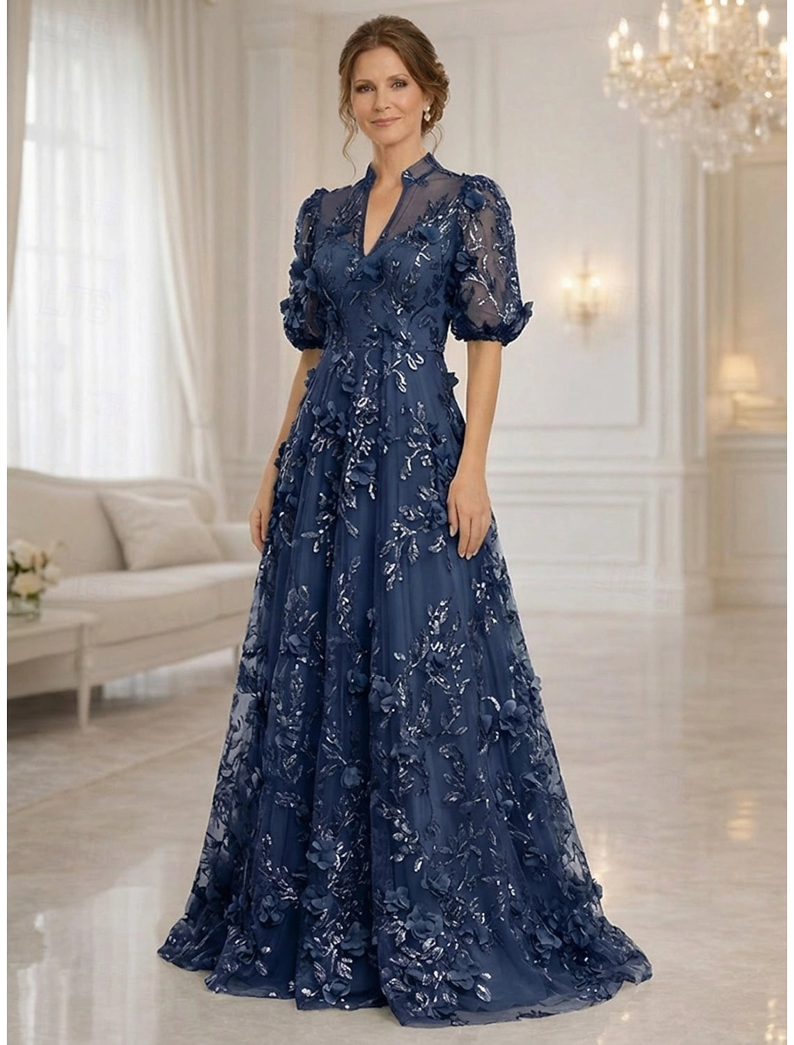Light Blue A-Line High Neck Puff Sleeve Illusion Back Floor-Length Mother Of The Bride Dress