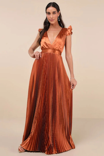 V-Neck Ruffled Shoulder Satin Pleated Lace-Up Back Floor-Length Evening Dress