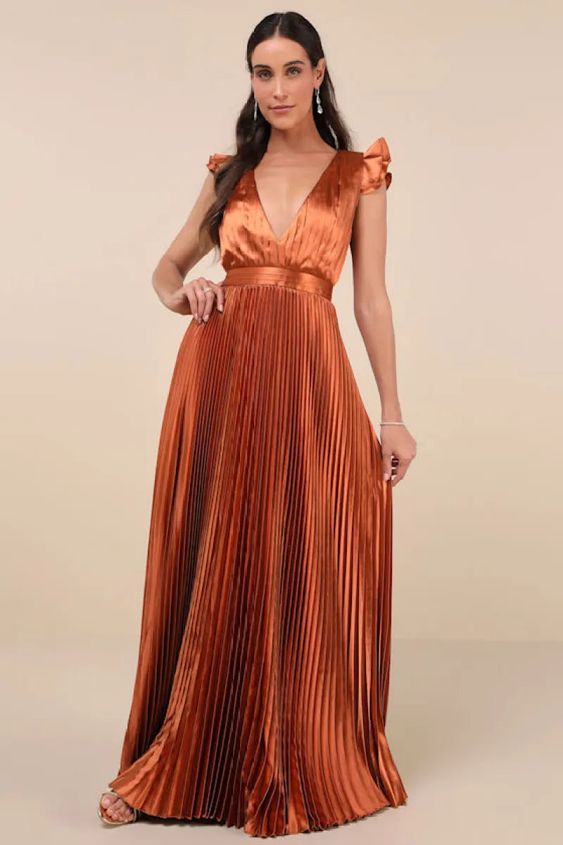 V-Neck Ruffled Shoulder Satin Pleated Lace-Up Back Floor-Length Evening Dress