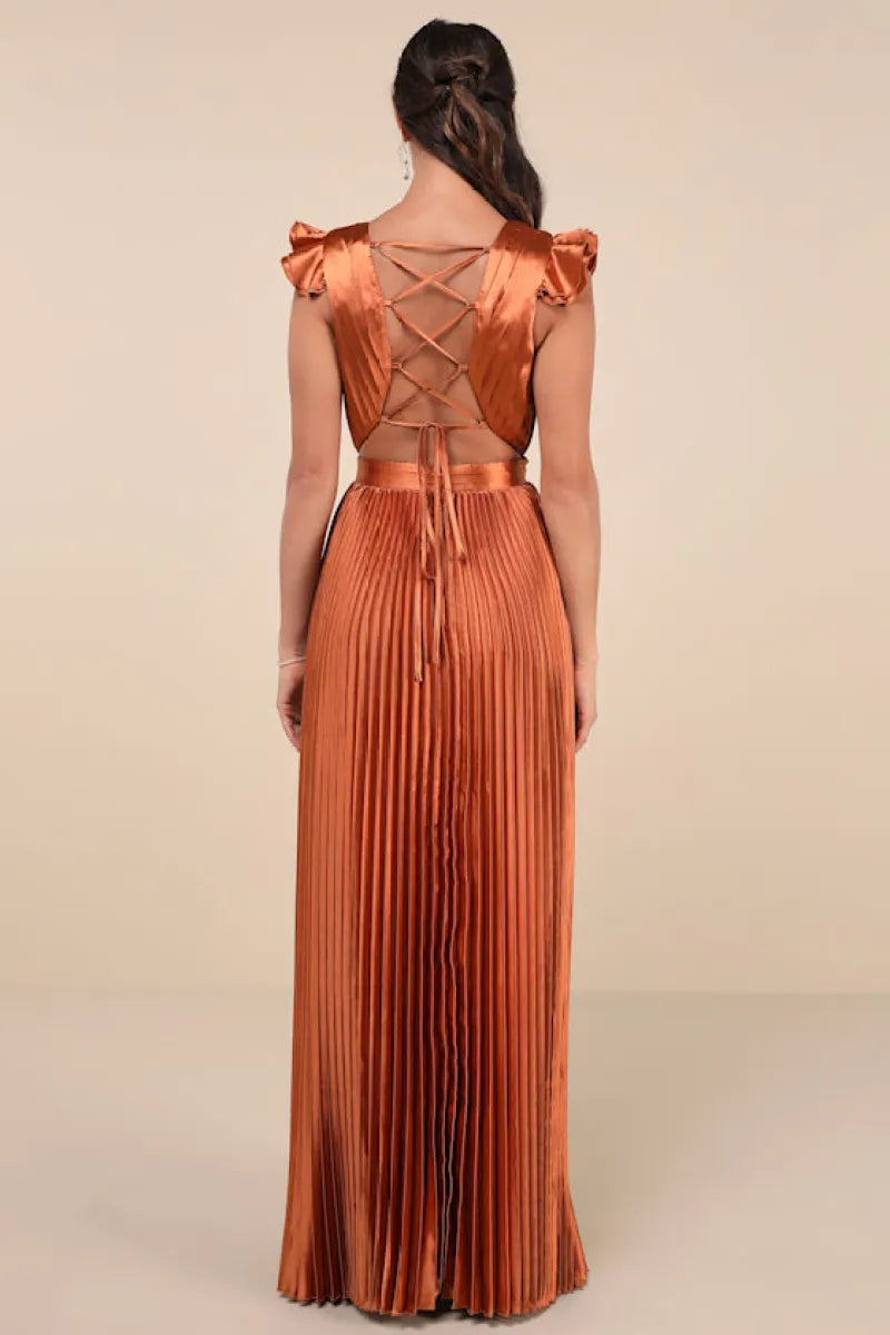V-Neck Ruffled Shoulder Satin Pleated Lace-Up Back Floor-Length Evening Dress