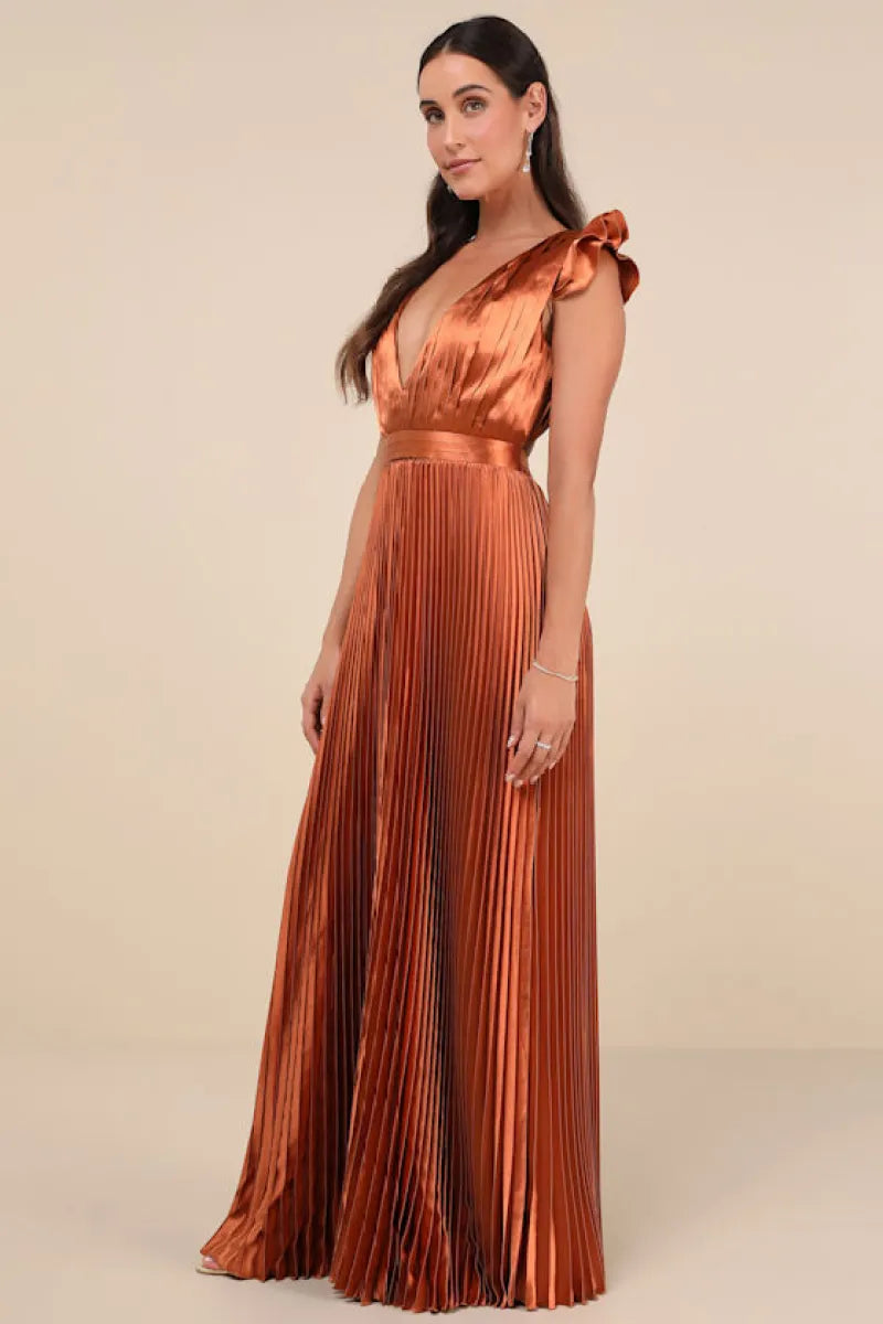 V-Neck Ruffled Shoulder Satin Pleated Lace-Up Back Floor-Length Evening Dress