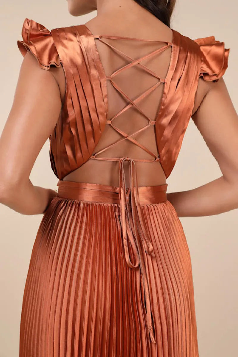 V-Neck Ruffled Shoulder Satin Pleated Lace-Up Back Floor-Length Evening Dress