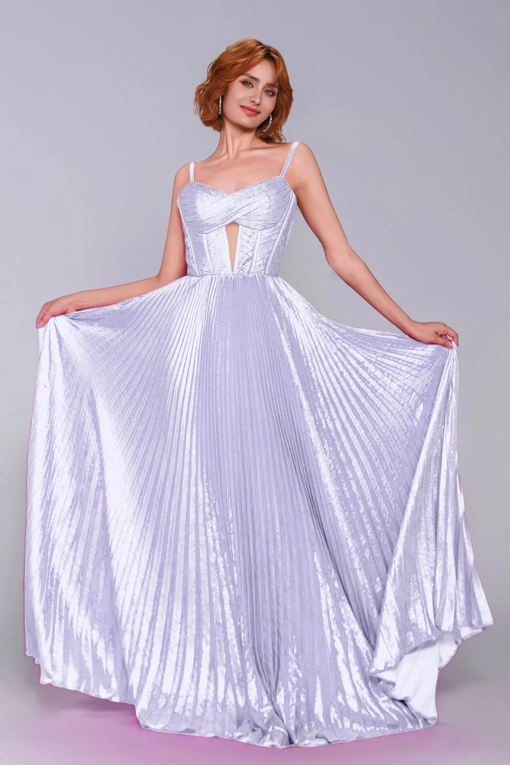 Striking A-Line Spaghetti Strap Pleated Metallic Keyhole Prom Gown