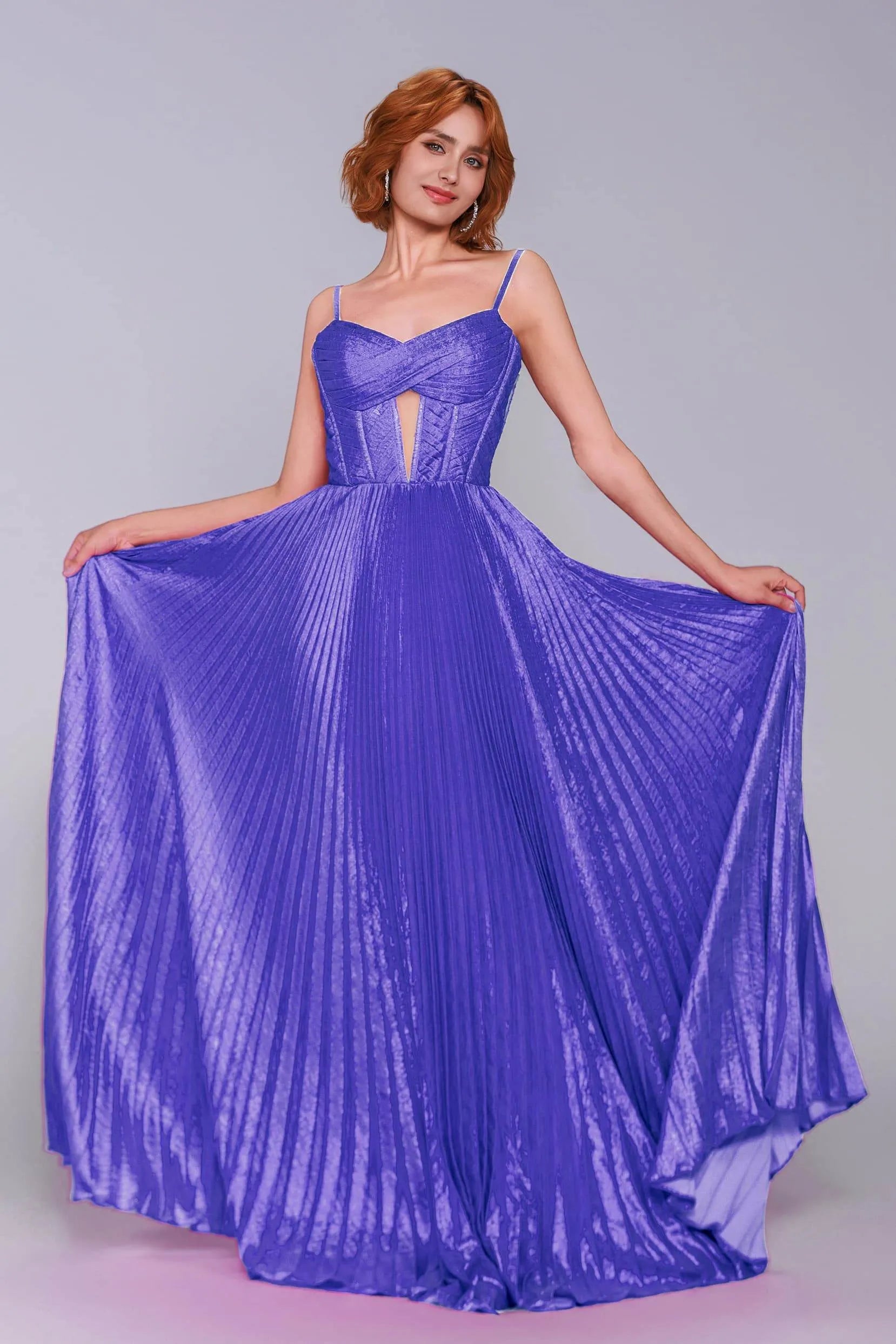 Striking A-Line Spaghetti Strap Pleated Metallic Keyhole Prom Gown