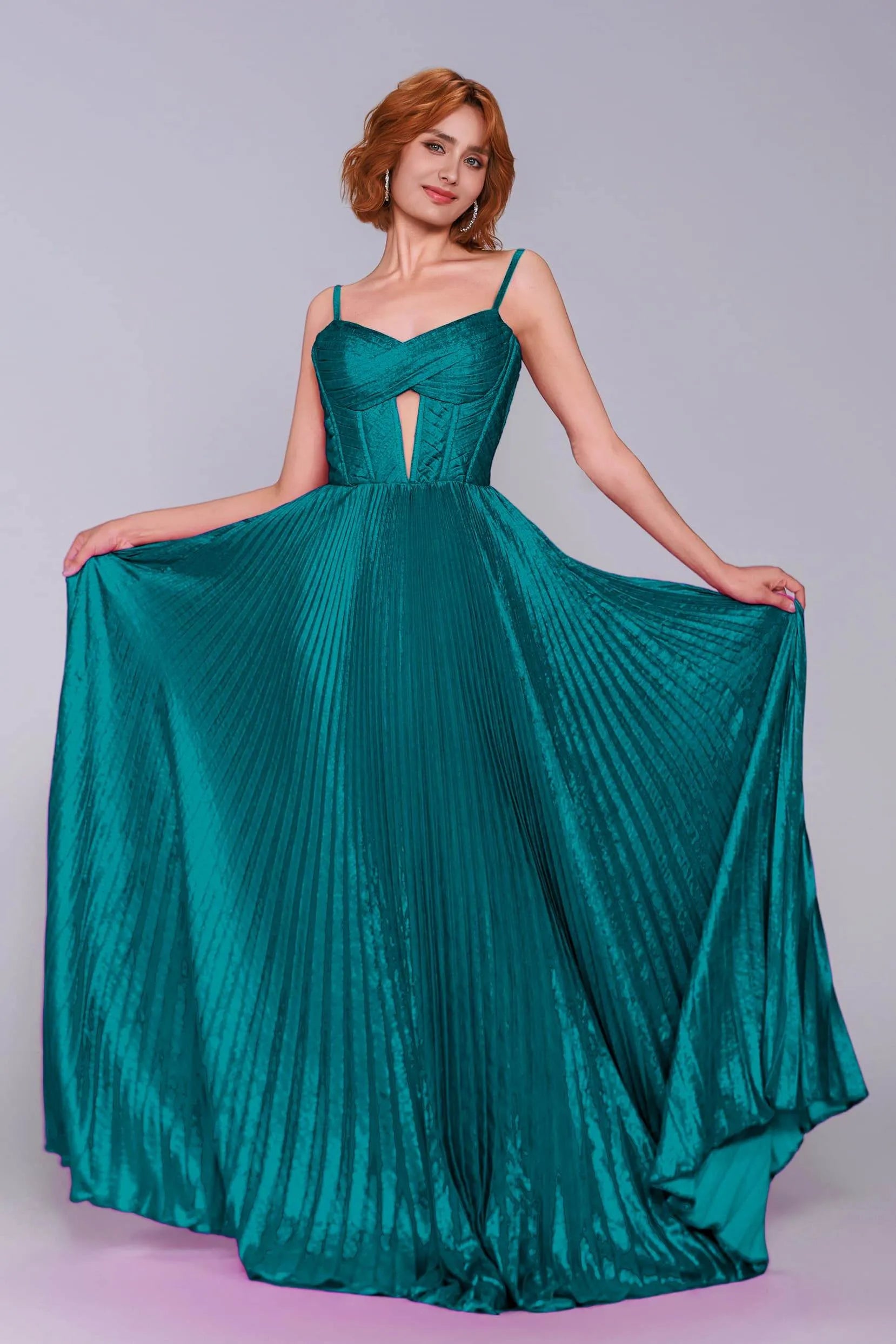 Striking A-Line Spaghetti Strap Pleated Metallic Keyhole Prom Gown