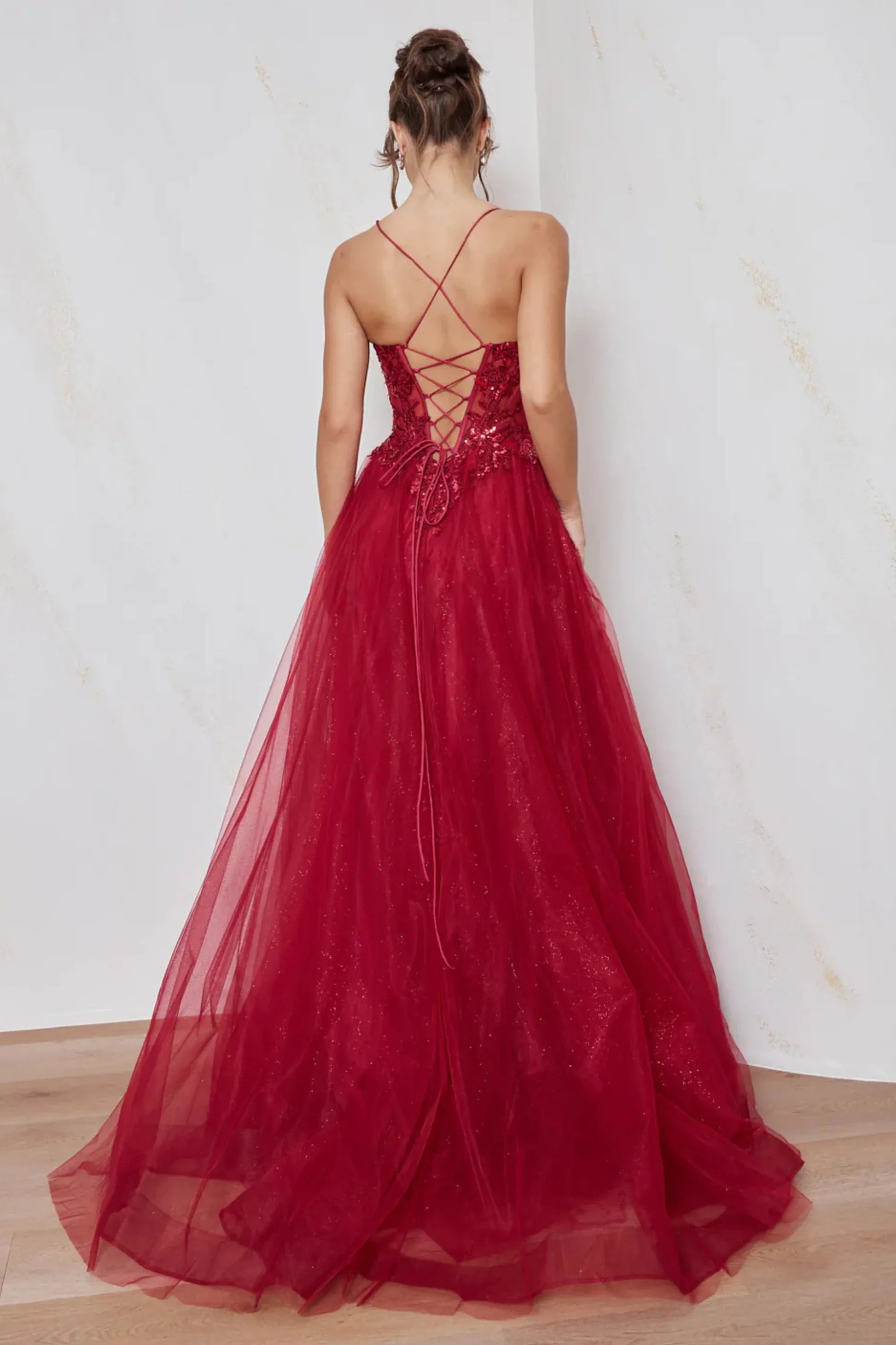 A-Line Sweetheart Spaghetti Strap Glitter Tulle Floral Sequin Lace Applique Corset Prom Gown