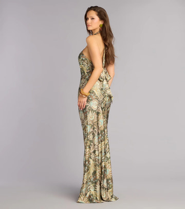 Vestido de noche formal largo de satén con estampado de cachemir y cuello halter tipo sirena
