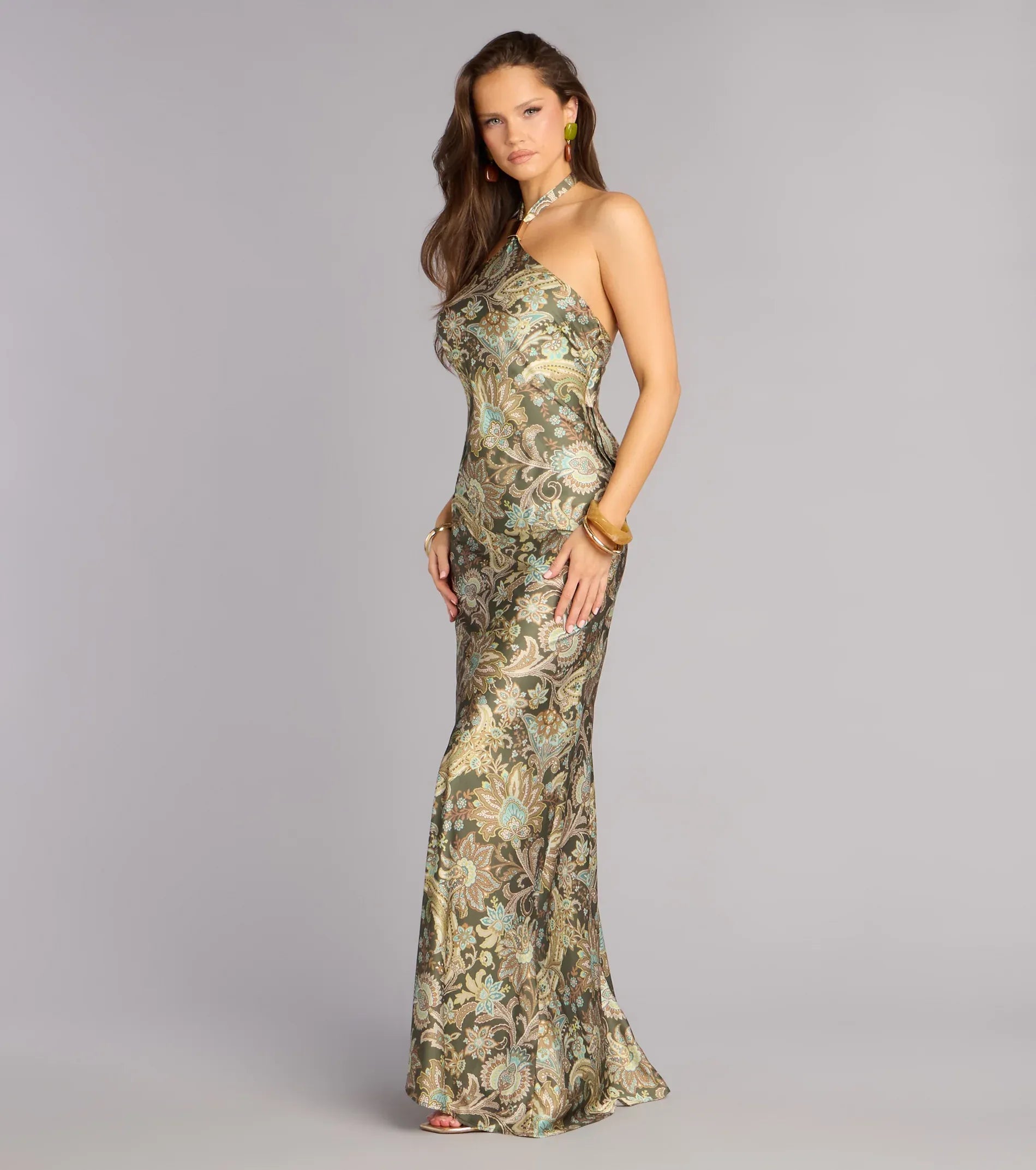 Mermaid Halter Satin Maxi Paisley Satin Formal Evening Dress