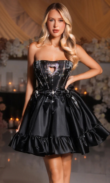 Vestido de fiesta voluminoso de satén mini con lazo de diamantes de imitación con corazón, cuello sin tirantes y corte en A