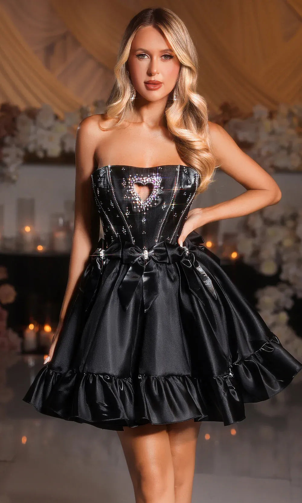 Voluminous A-line Strapless Neck Satin Mini Heart Rhinestone Bow Homecoming Dress