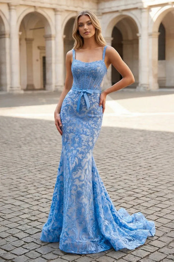 Mermaid Square Neck Sleeveless Lace Bow Floor Length Prom Dress