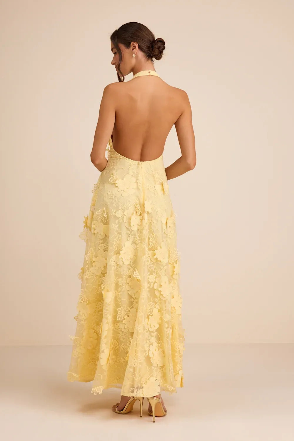 Romantic A-Line Halter V-Neck Sleeveless Lace 3D Floral Applique Maxi Wedding Guest Dress