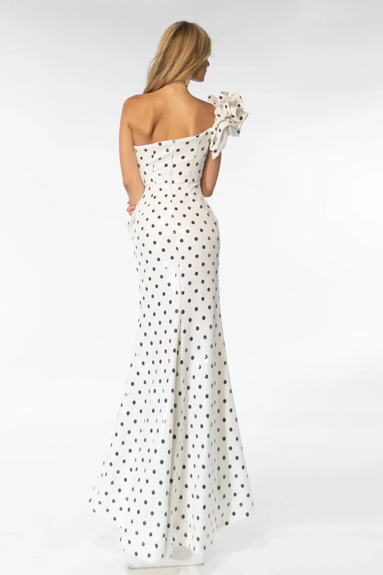 Asymmetrical Straight Neckline One-Shoulder Sequin Polka Dot Ruffle Evening Dress With Slit