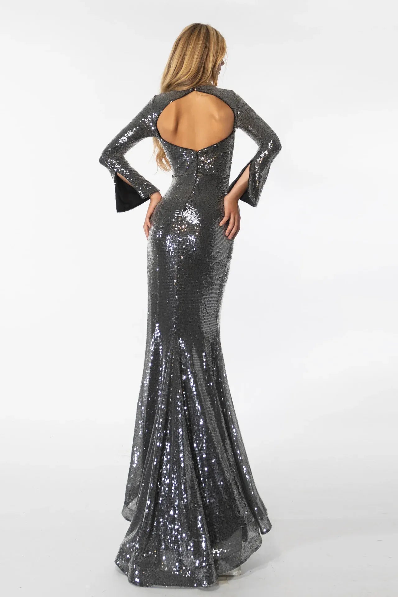 Elegant Mermaid Round Neck Long Bell Sleeve Sequin Open Back Evening Dress with High Slit