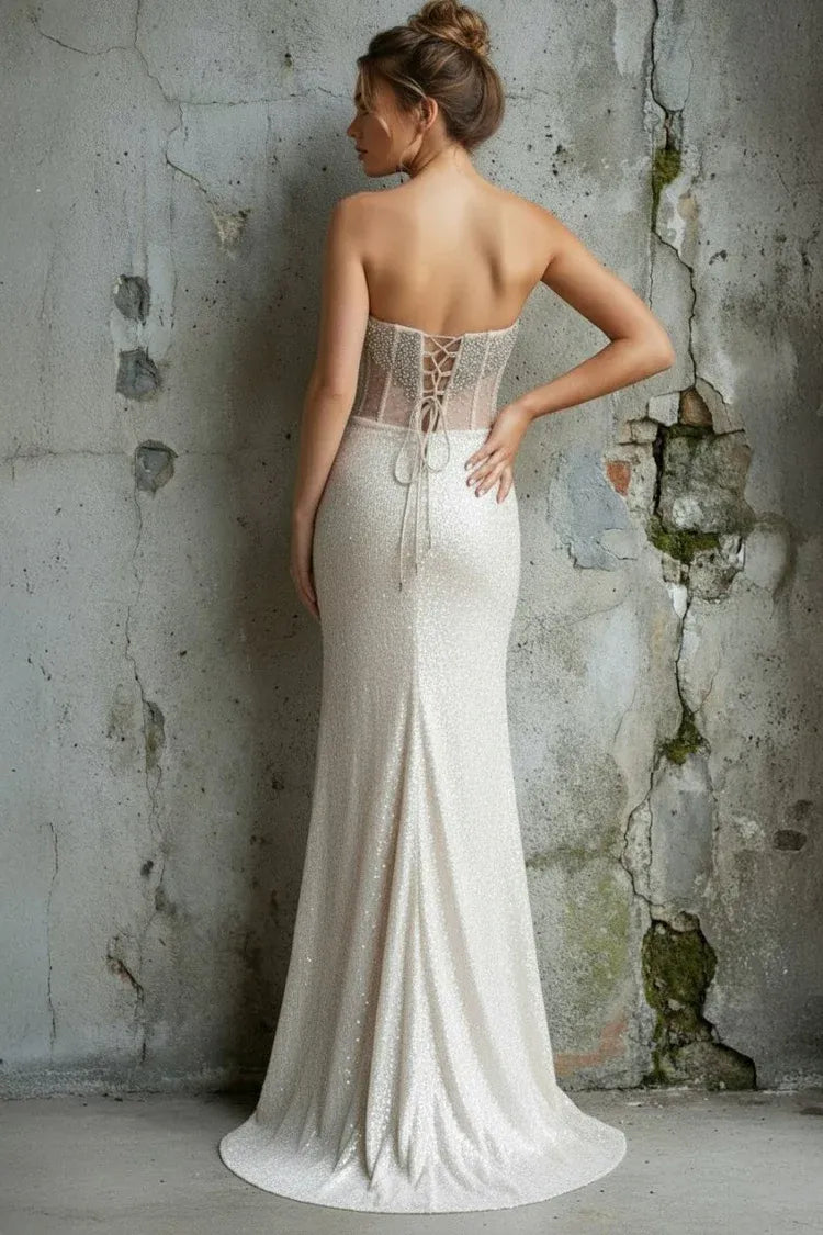 Vestido de fiesta largo de sirena sin tirantes sin mangas con lentejuelas y abertura