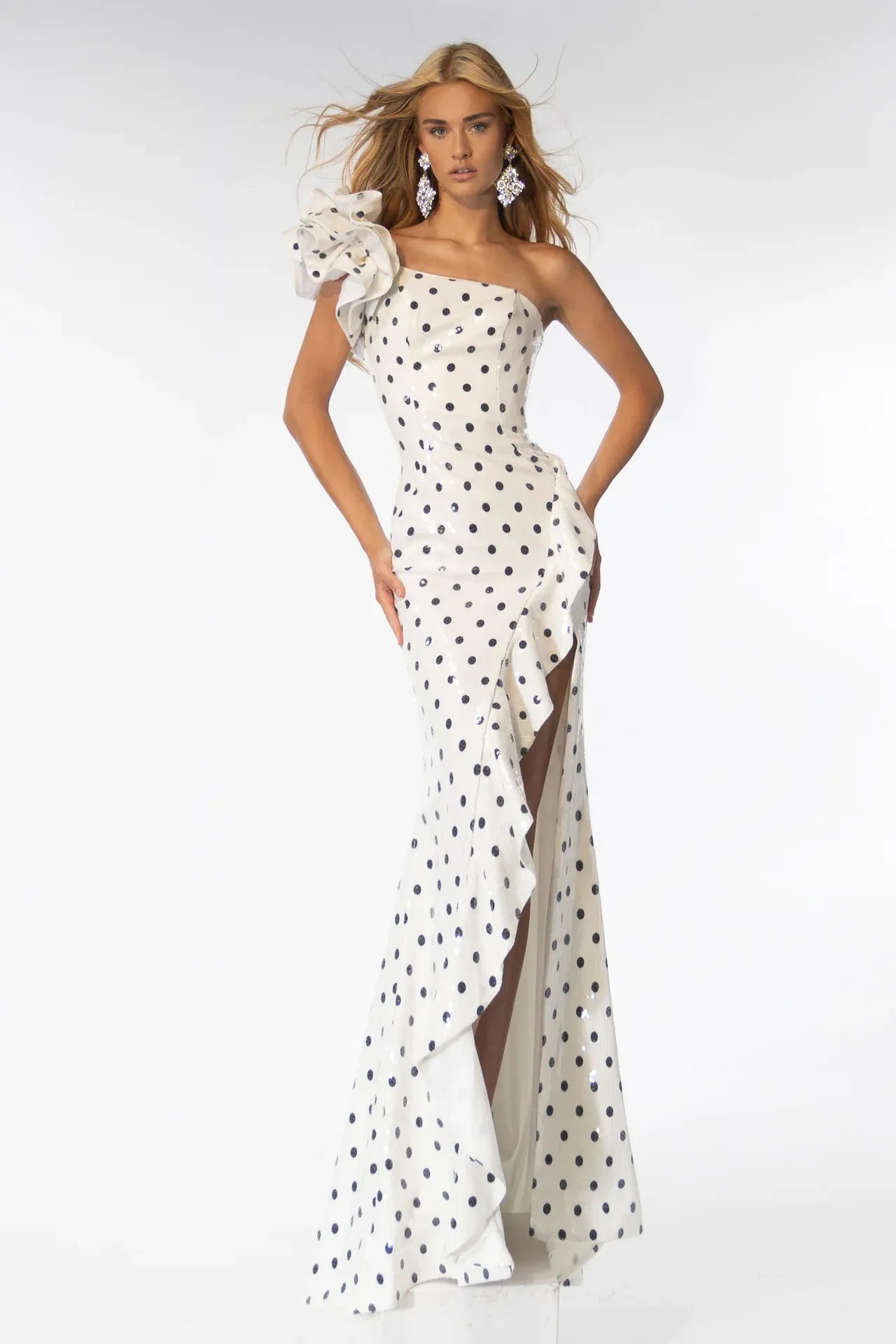 Asymmetrical Straight Neckline One-Shoulder Sequin Polka Dot Ruffle Evening Dress With Slit
