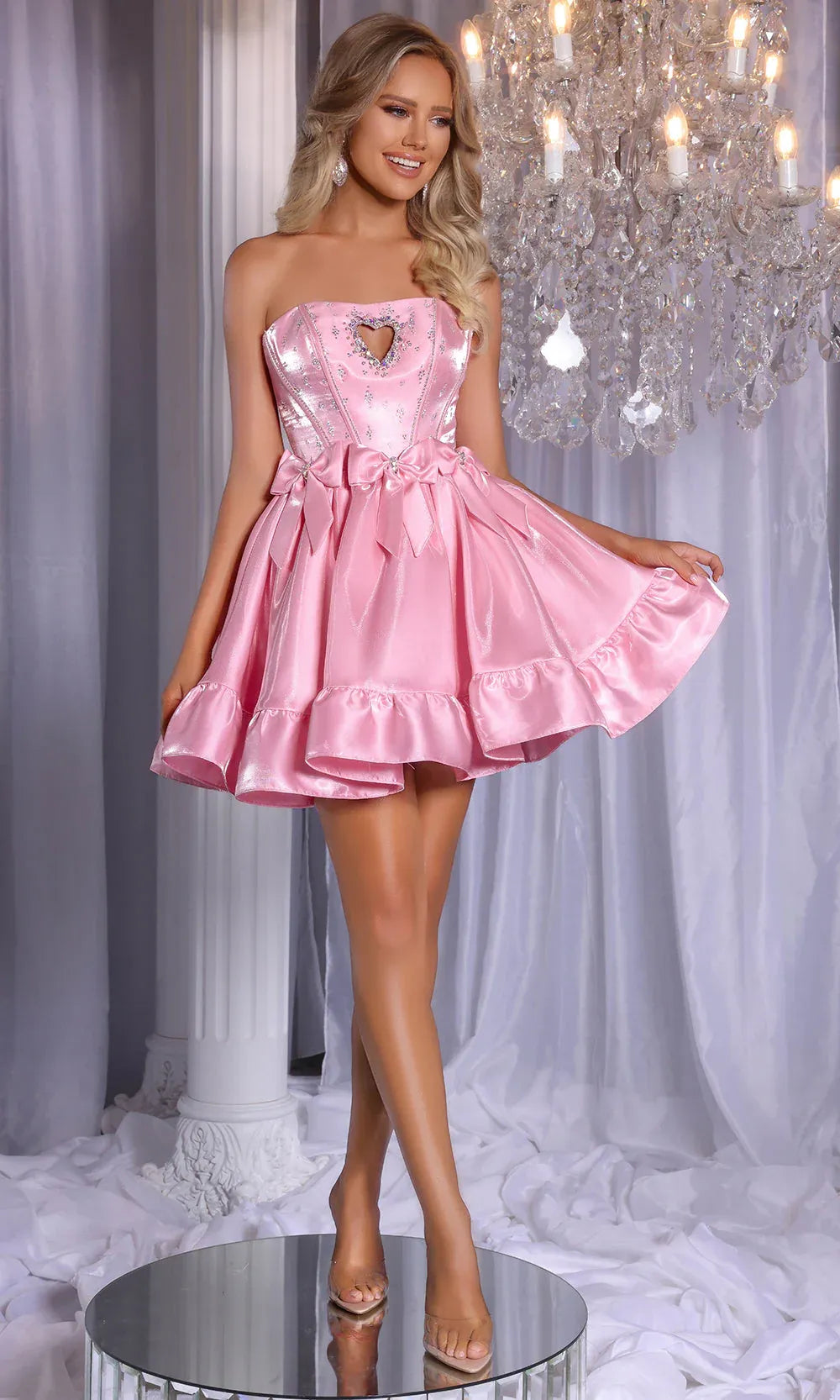 Voluminous A-line Strapless Neck Satin Mini Heart Rhinestone Bow Homecoming Dress