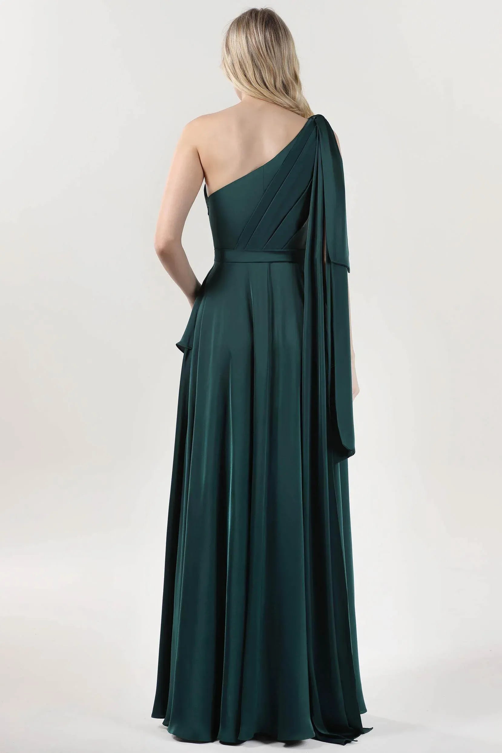 Polished A-Line One-Shoulder Satin Bow-Sash Evening Gown Formal Wedding Guest Dress