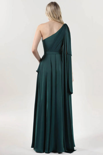 Polished A-Line One-Shoulder Satin Bow-Sash Evening Gown Formal Wedding Guest Dress