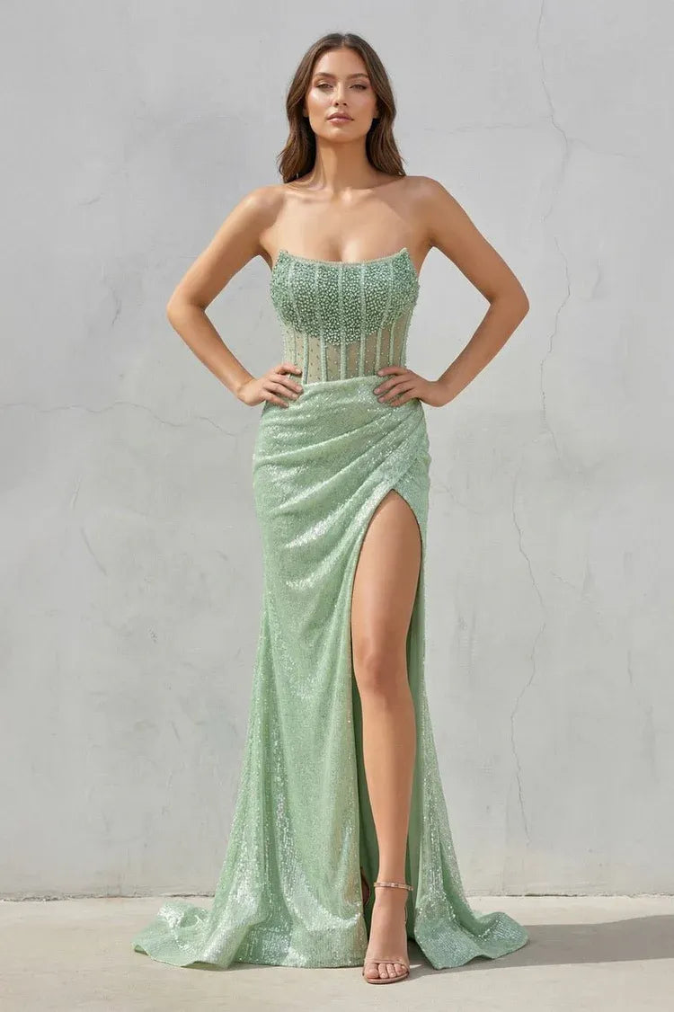 Vestido de fiesta largo de sirena sin tirantes sin mangas con lentejuelas y abertura