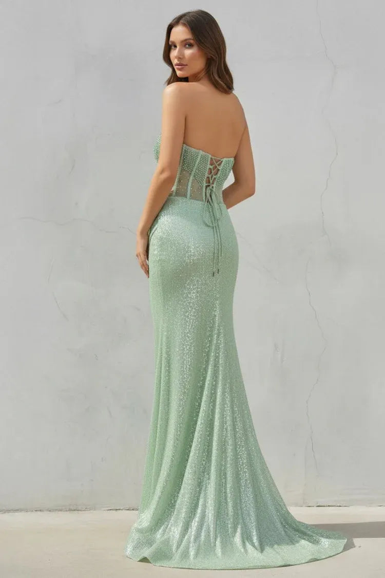 Vestido de fiesta largo de sirena sin tirantes sin mangas con lentejuelas y abertura