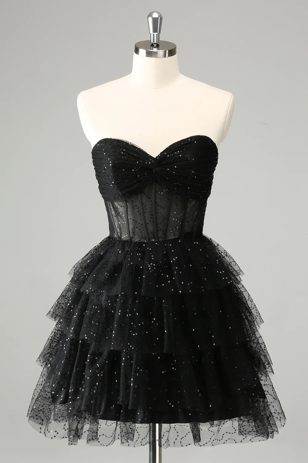 Statement A-Line Sweetheart Neck Strapless Tulle Sparkly Sequin Corset Tiered Homecoming Dress