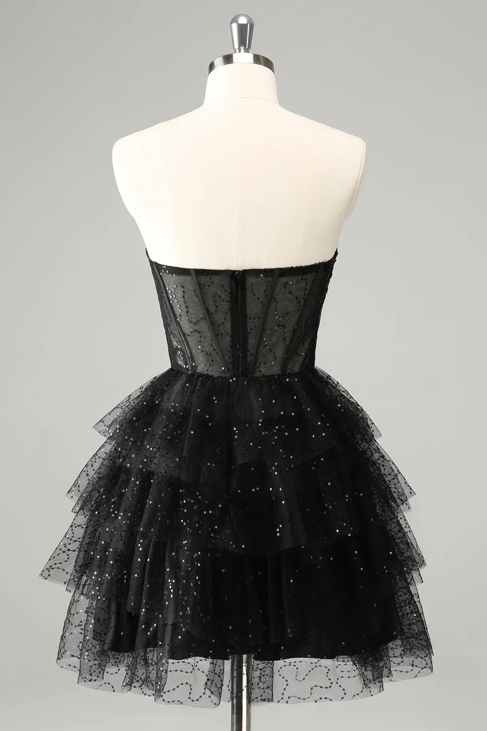 Statement A-Line Sweetheart Neck Strapless Tulle Sparkly Sequin Corset Tiered Homecoming Dress