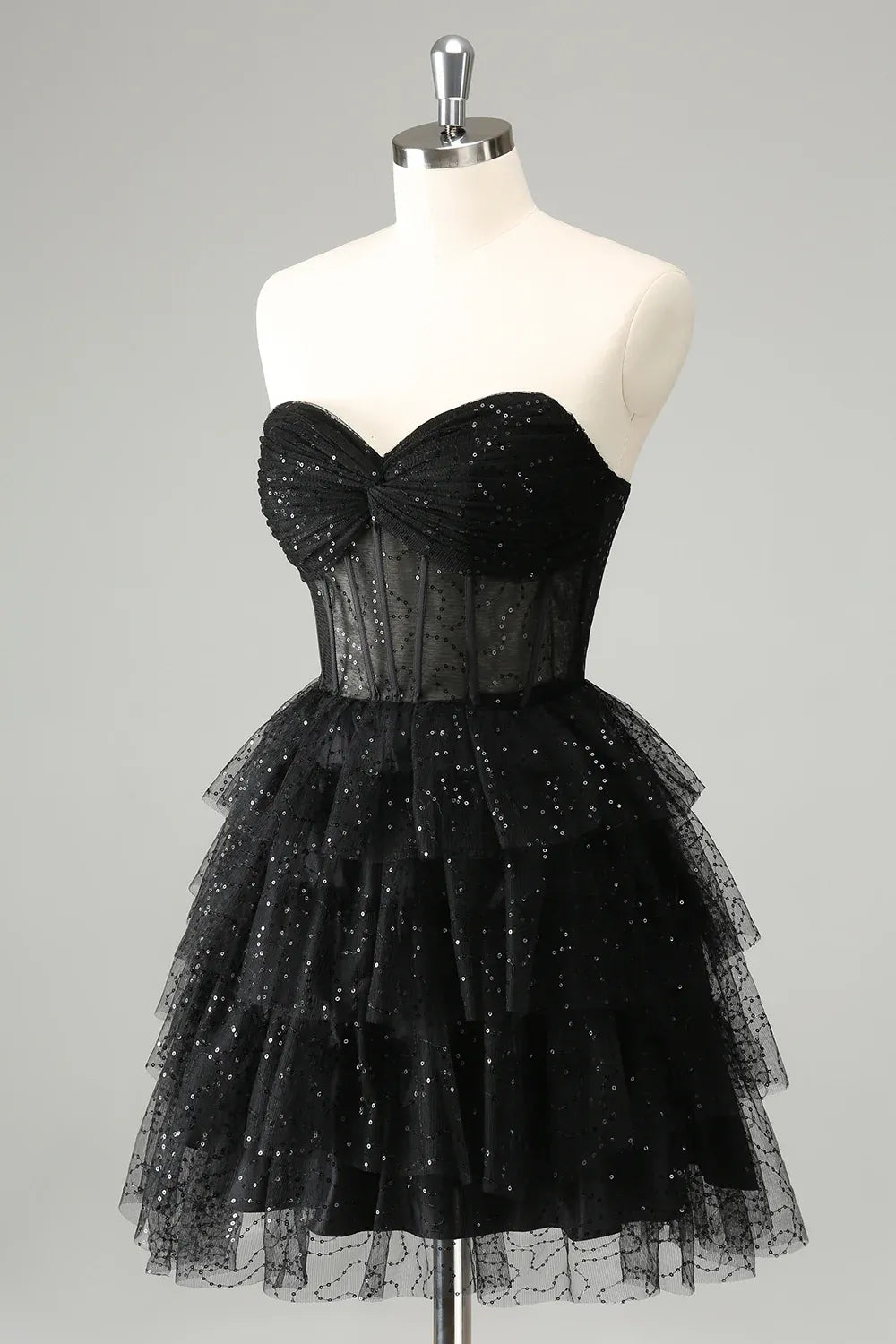 Statement A-Line Sweetheart Neck Strapless Tulle Sparkly Sequin Corset Tiered Homecoming Dress