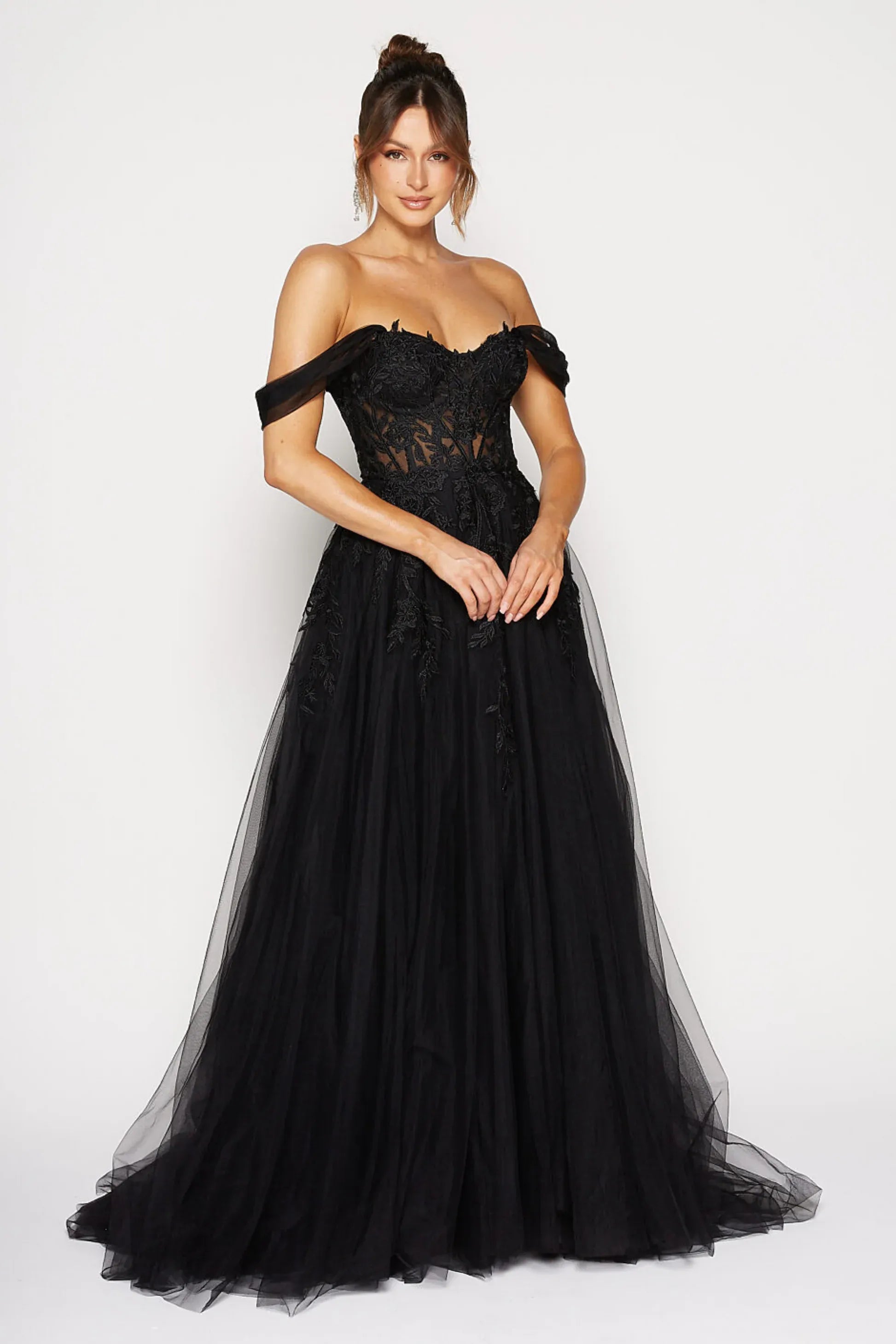 Romantic A-Line Sweetheart Off-Shoulder Short Sleeve Tulle Floral Applique Evening Dress
