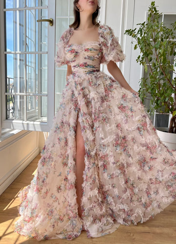 Romantic A-Line Square Neck Puff Sleeve Floral Print Tulle Ruffle Prom Dress