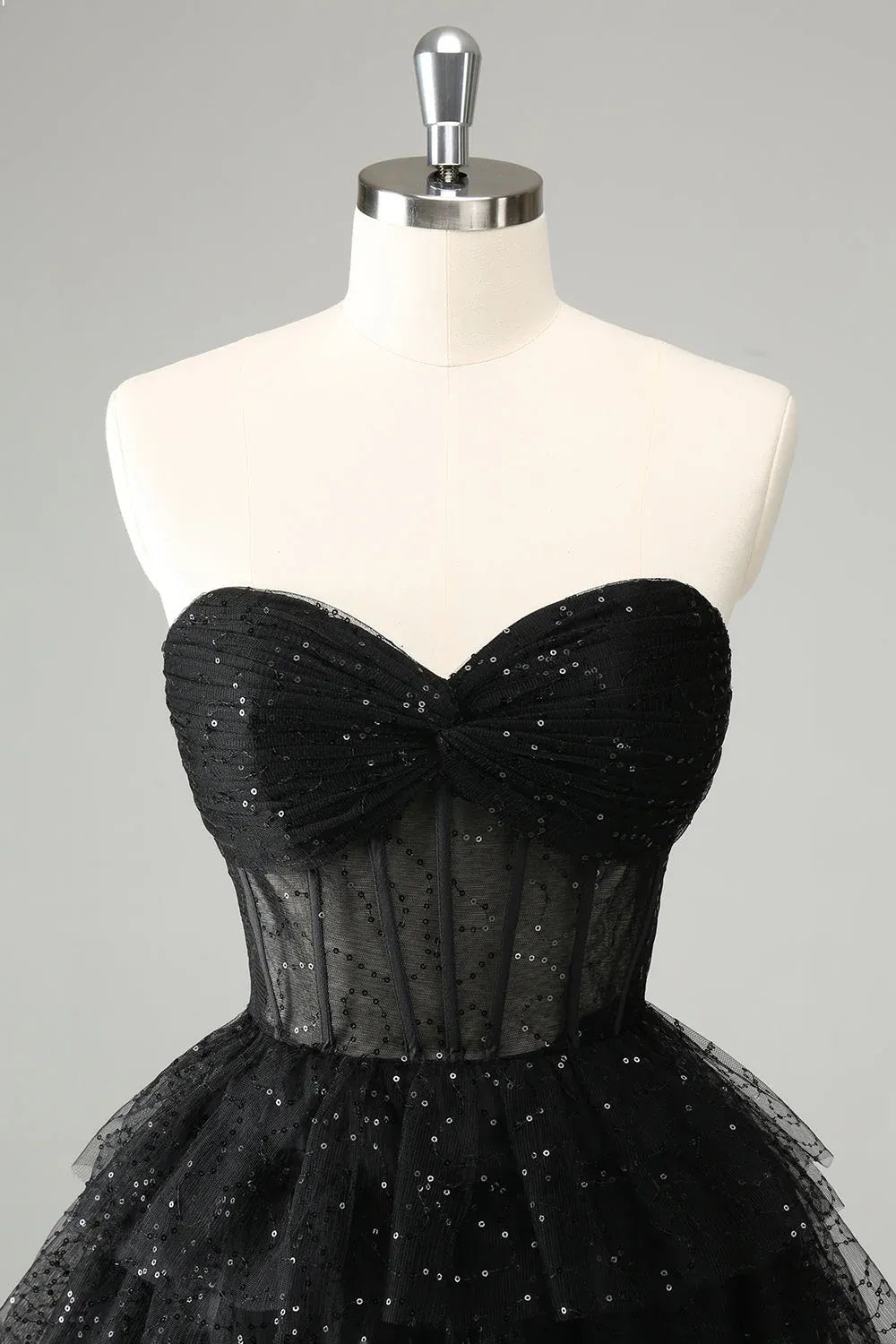 Statement A-Line Sweetheart Neck Strapless Tulle Sparkly Sequin Corset Tiered Homecoming Dress