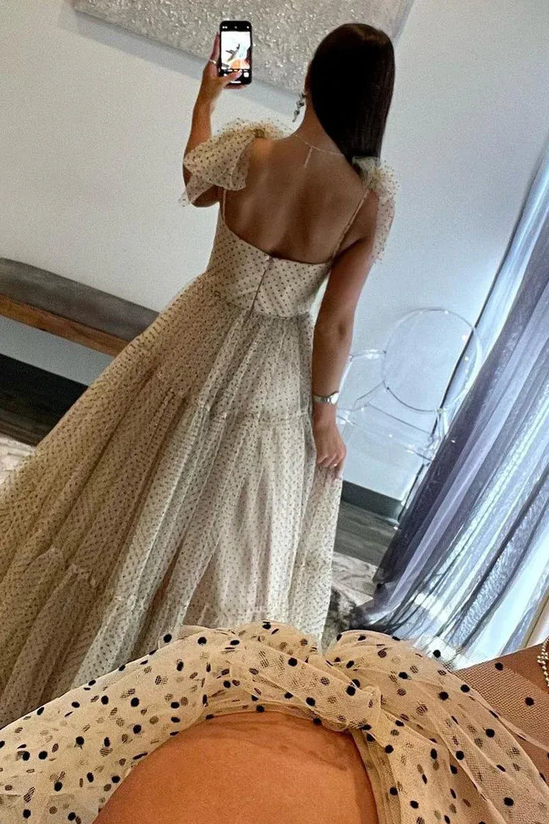 Romantic Tiered A-Line Sweetheart Neck Ruffled Sleeve Dotted Tulle Evening Gown