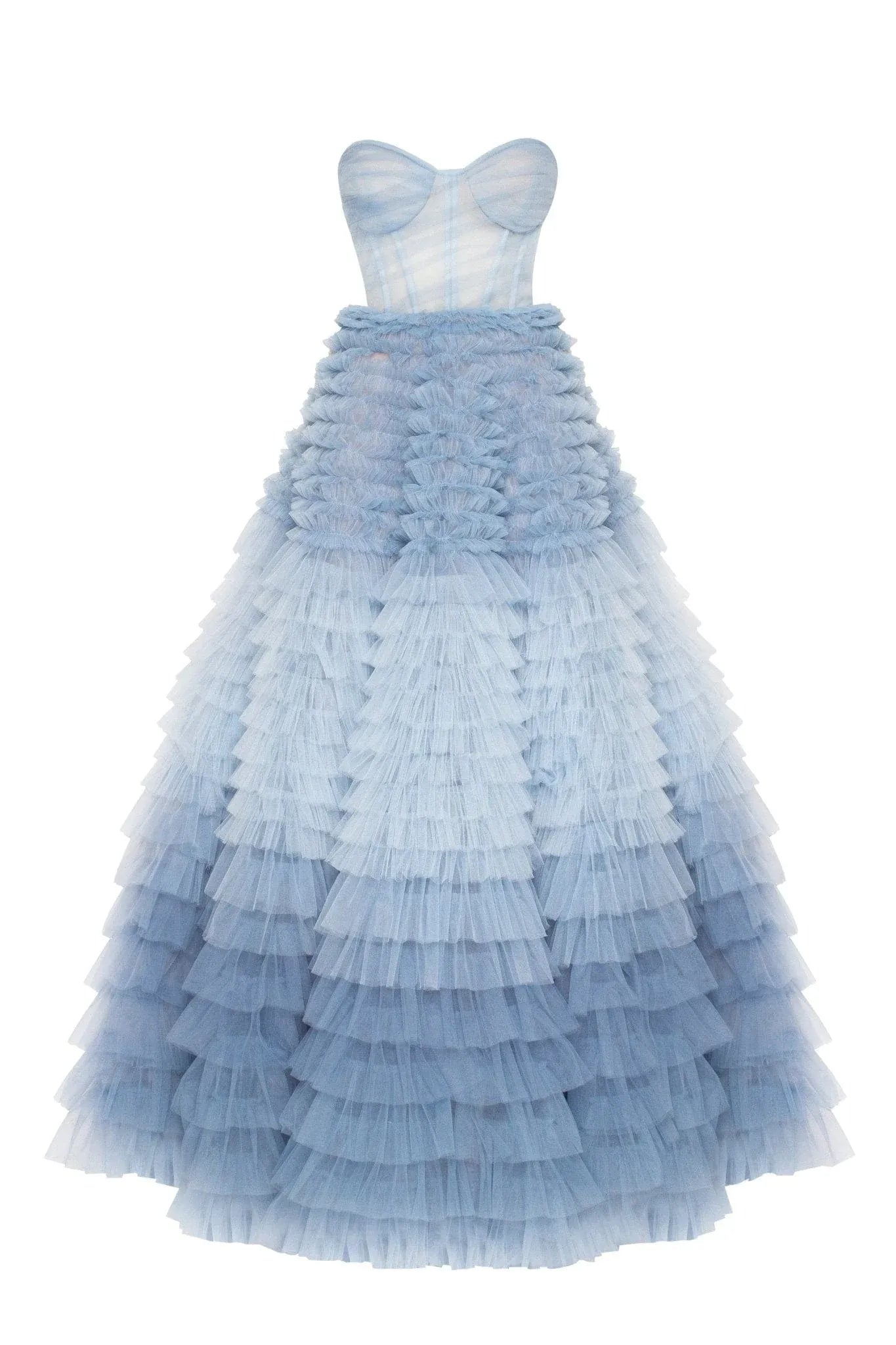 Romantic Ball Gown Sweetheart Strapless Tulle Floor-Length Tiered Ruffled Corset Prom Dress