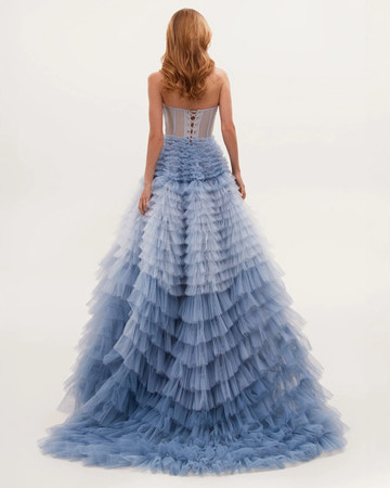 Romantic Ball Gown Sweetheart Strapless Tulle Floor-Length Tiered Ruffled Corset Prom Dress