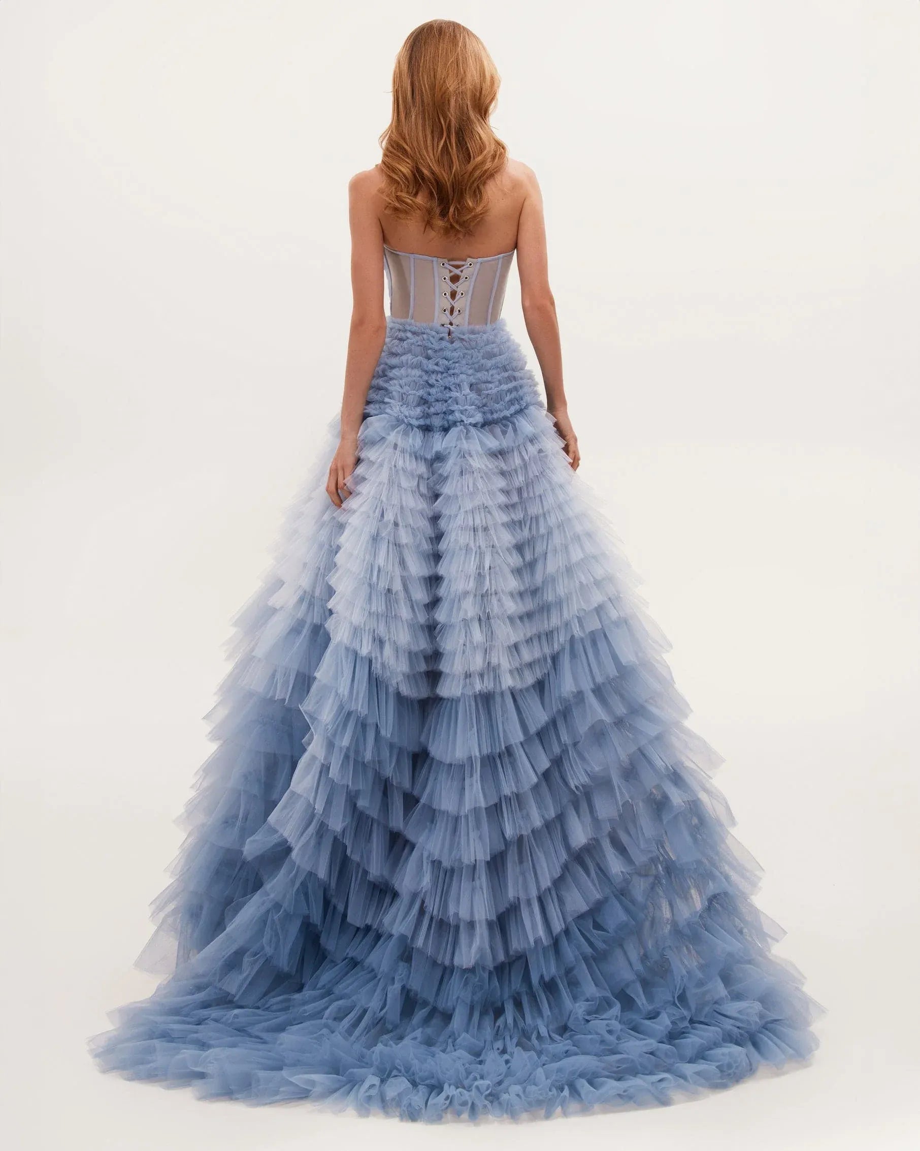 Romantic Ball Gown Sweetheart Strapless Tulle Floor-Length Tiered Ruffled Corset Prom Dress