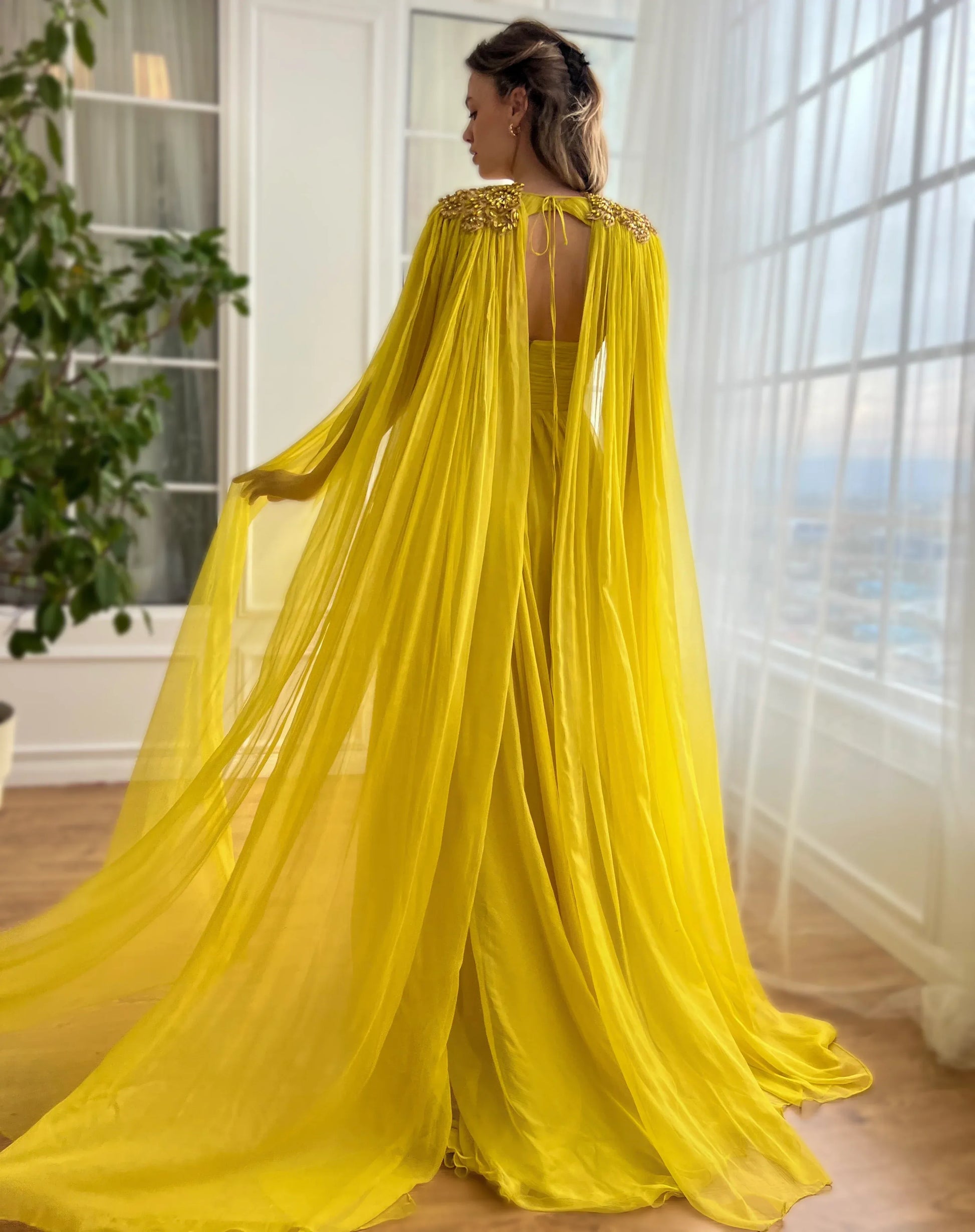 Radiant A-Line Sleeveless Crystal Embellishments Chiffon Draped Bodice Evening Gown with Cape