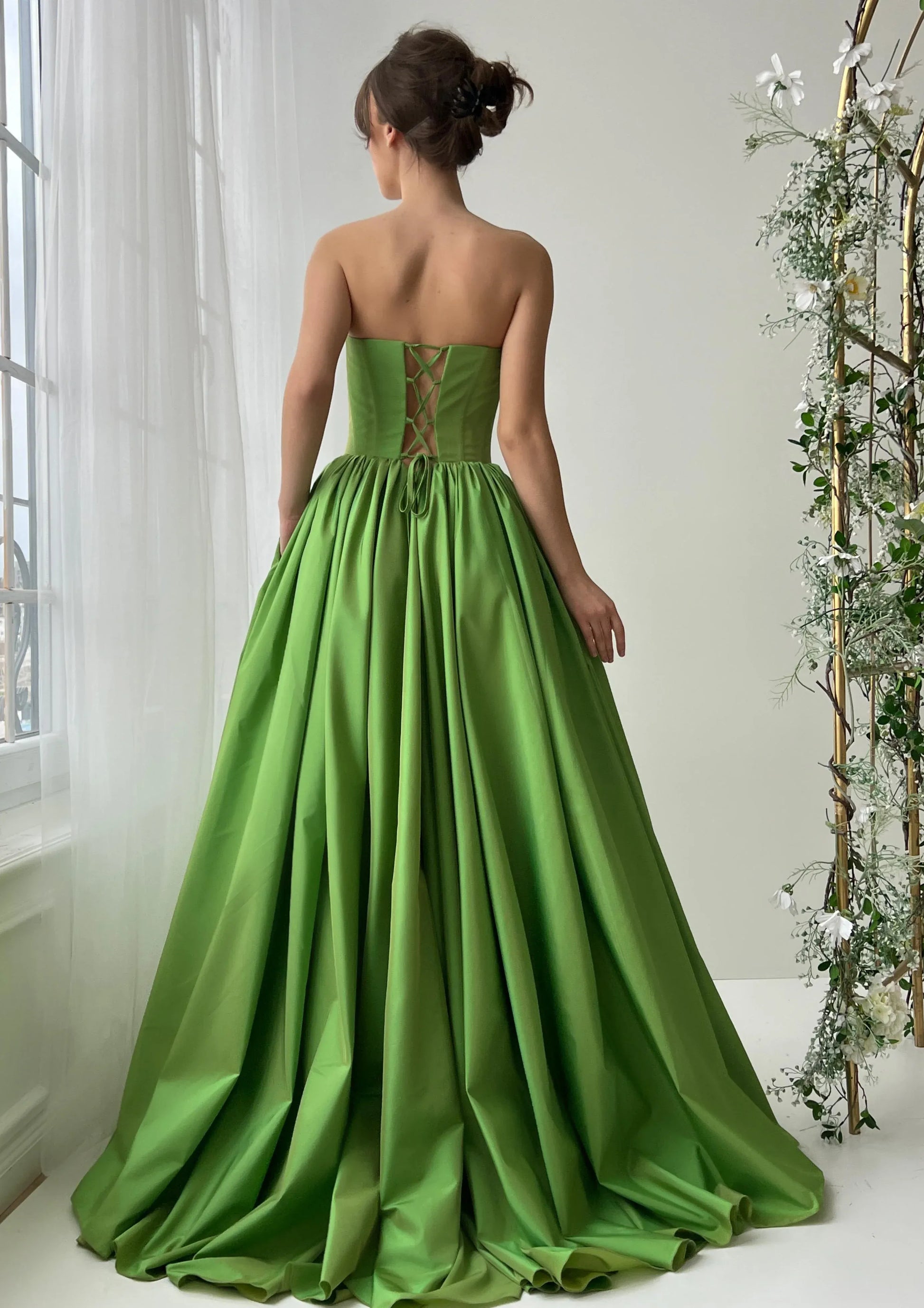Polished A-Line Sweetheart Strapless Satin Corset Prom Gown With Hight Slit