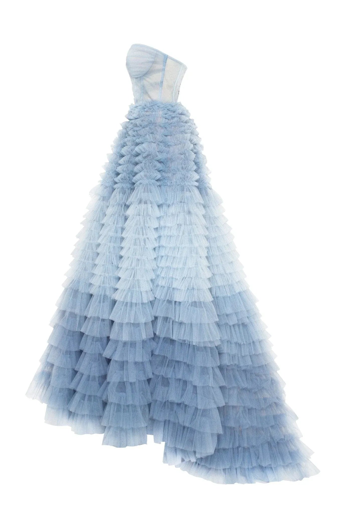 Romantic Ball Gown Sweetheart Strapless Tulle Floor-Length Tiered Ruffled Corset Prom Dress