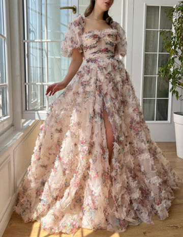 Romantic A-Line Square Neck Puff Sleeve Floral Print Tulle Ruffle Prom Dress