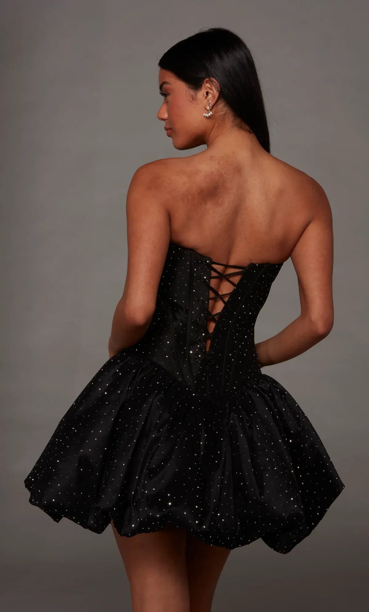 Glamorous Fit & Flare Strapless Sweetheart Draped Boned Corset Rhinestone Embellished Bubble Hem Short Homecoming Dress