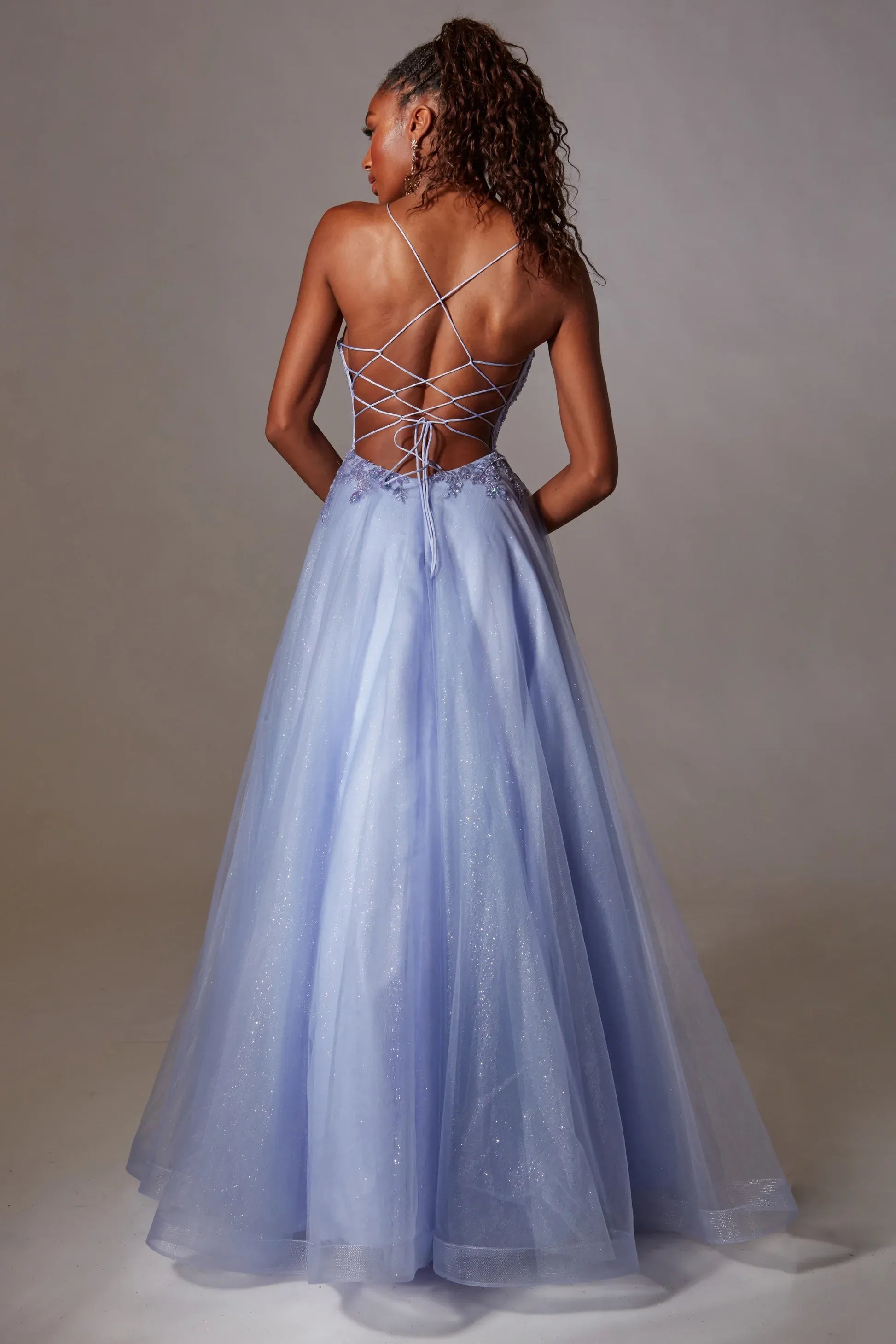 Romantic A-Line Plunging V-Neck Sleeveless Tulle Applique Lace-Up Prom Gown