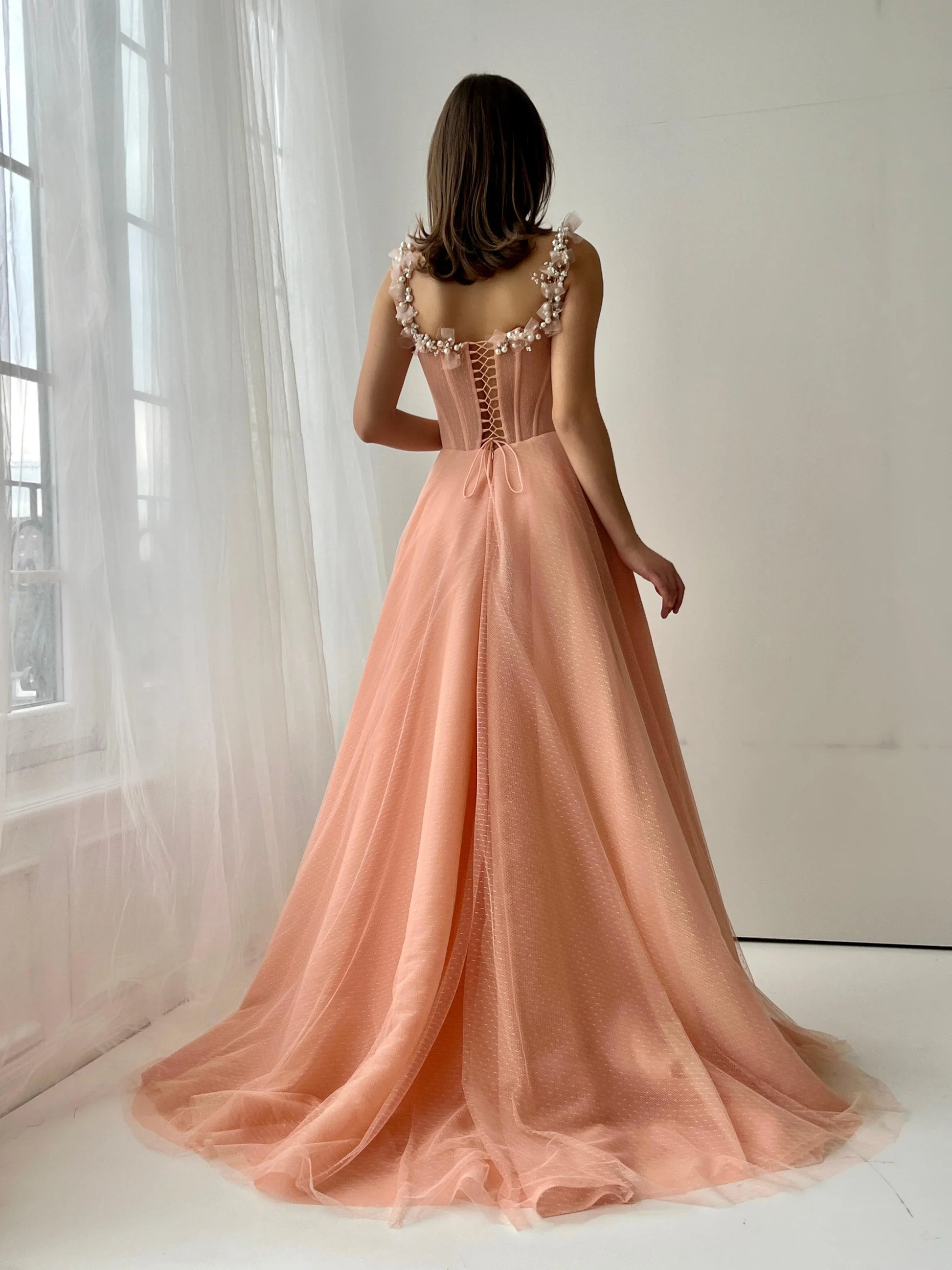 Romantic A-line Princess Scoop Neck Sleeveless Tulle Pearl Floral Embellishments Prom Dress