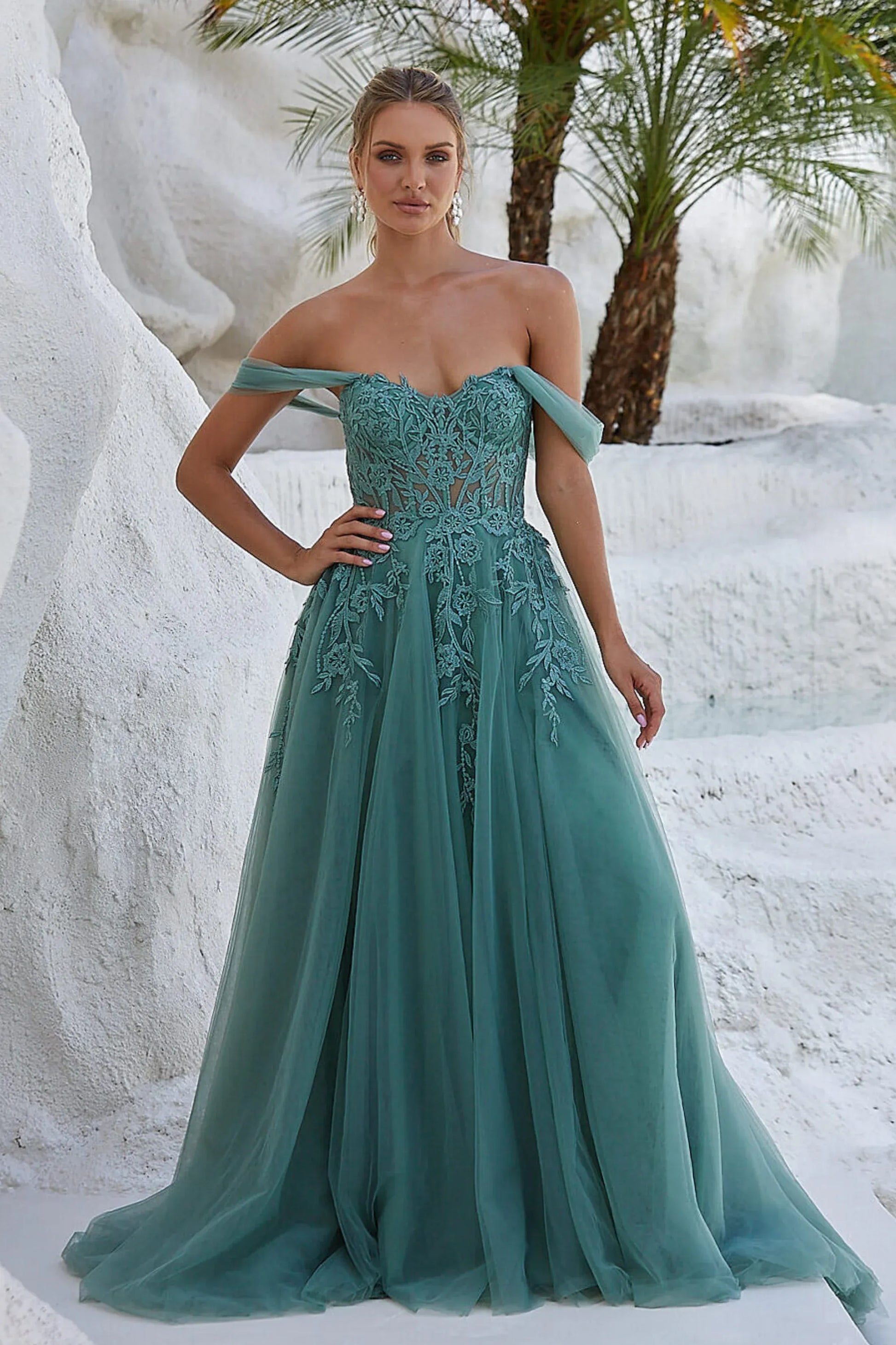 Romantic A-Line Sweetheart Off-Shoulder Short Sleeve Tulle Floral Applique Evening Dress