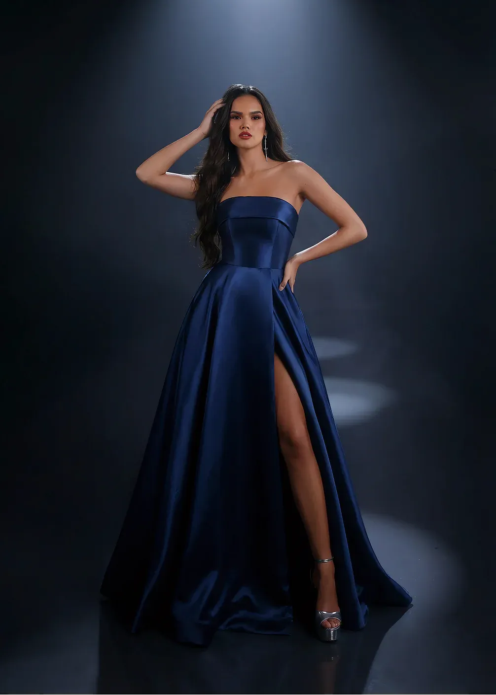 Radiant A-Line Strapless Straight Neckline Sleeveless Satin Lace-Up High Slit Evening Gown