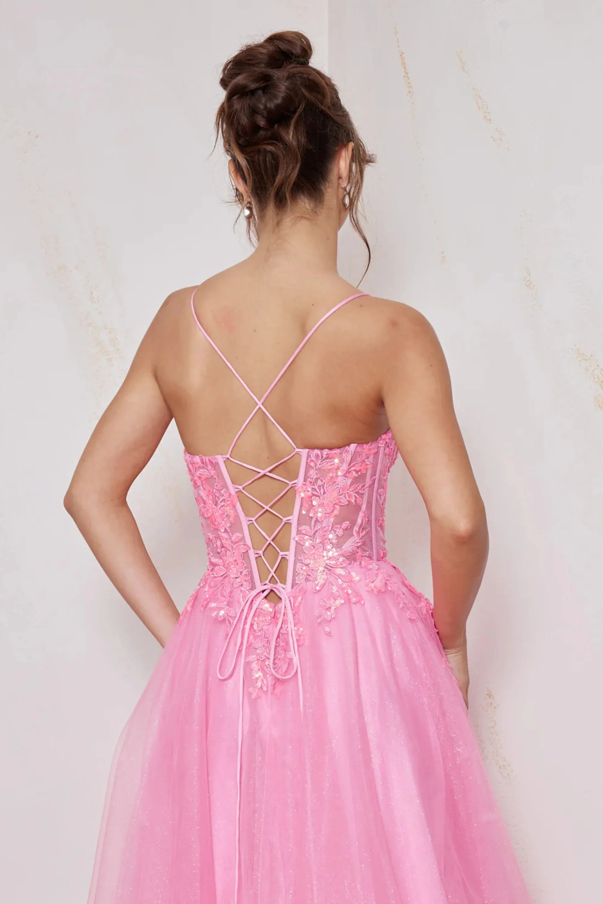 A-Line Sweetheart Spaghetti Strap Glitter Tulle Floral Sequin Lace Applique Corset Prom Gown