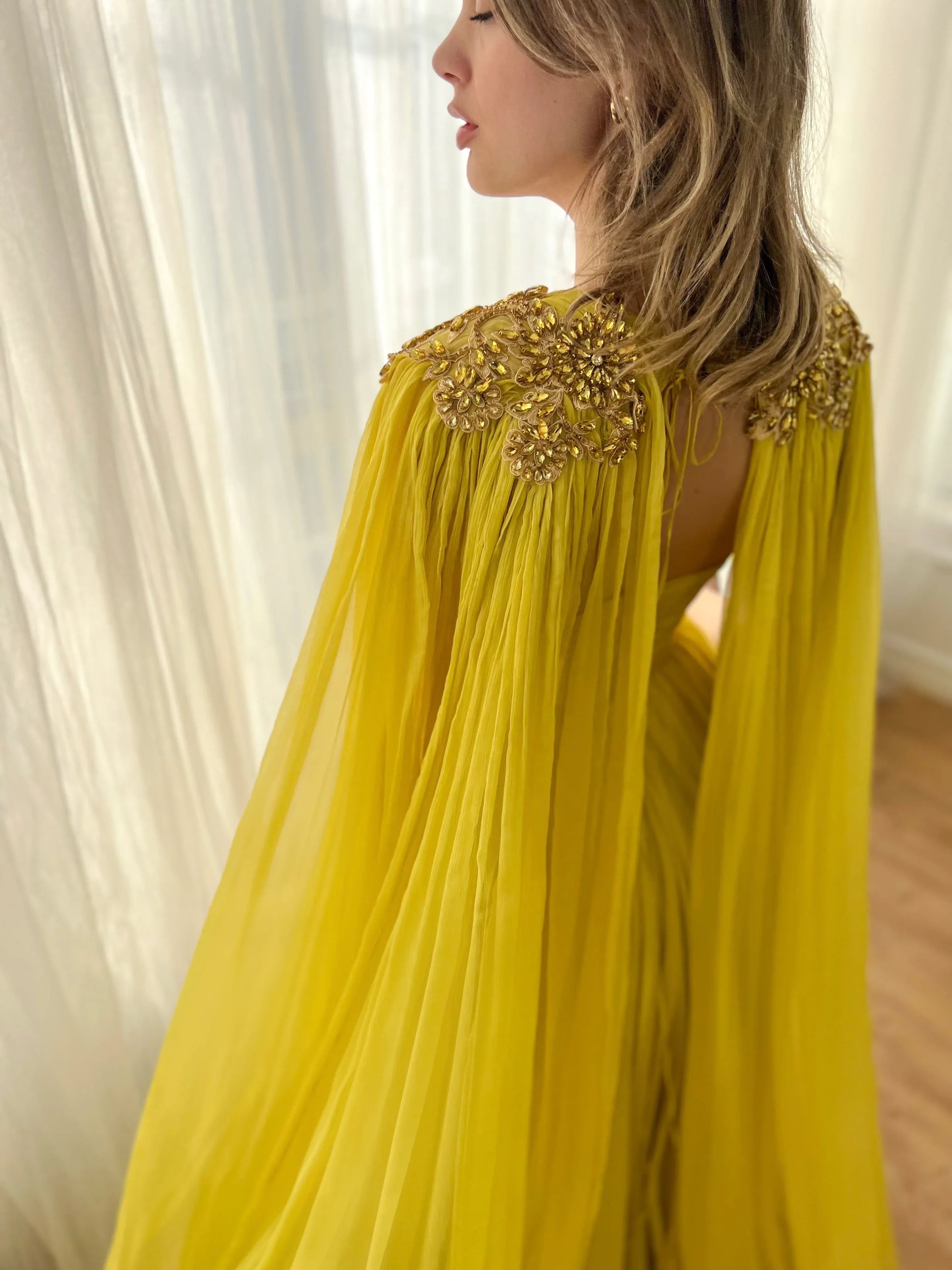 Radiant A-Line Sleeveless Crystal Embellishments Chiffon Draped Bodice Evening Gown with Cape