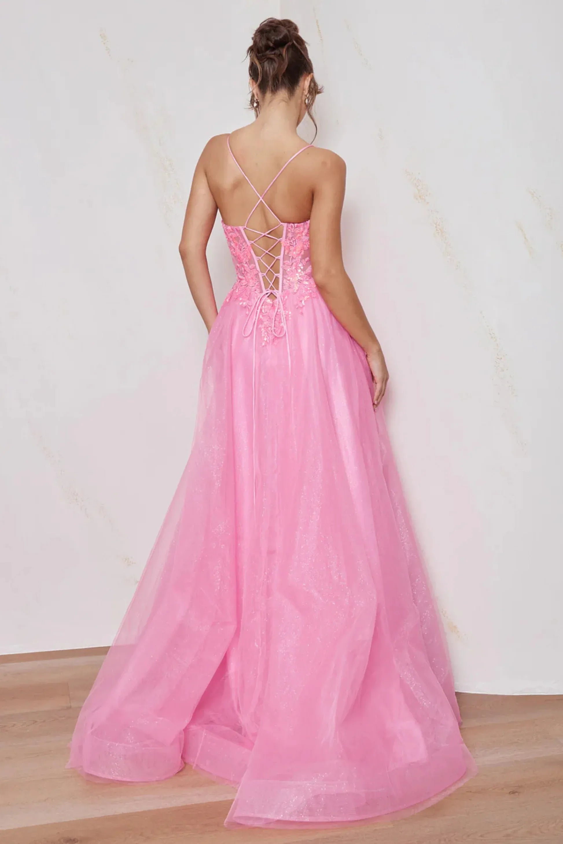 A-Line Sweetheart Spaghetti Strap Glitter Tulle Floral Sequin Lace Applique Corset Prom Gown