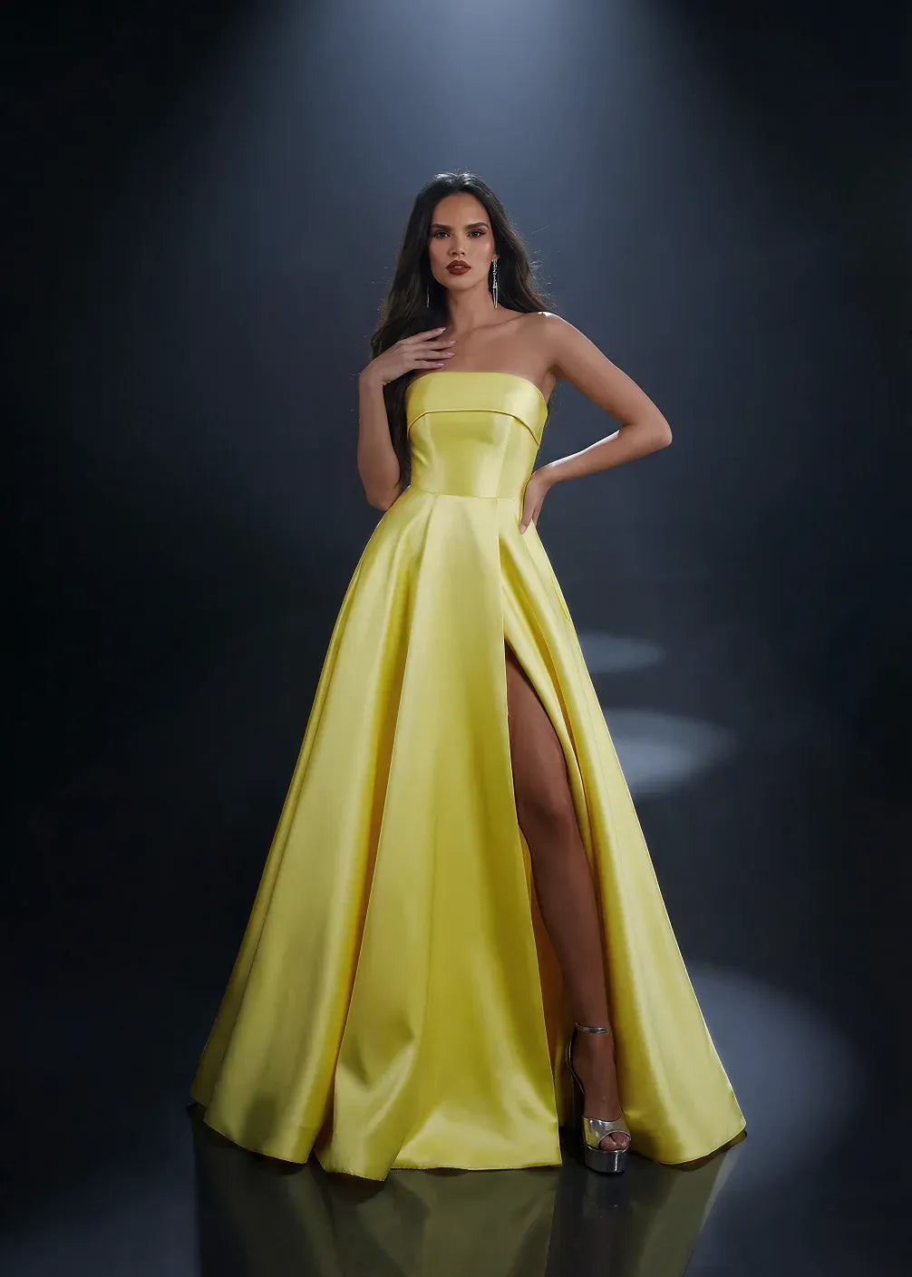 Radiant A-Line Strapless Straight Neckline Sleeveless Satin Lace-Up High Slit Evening Gown