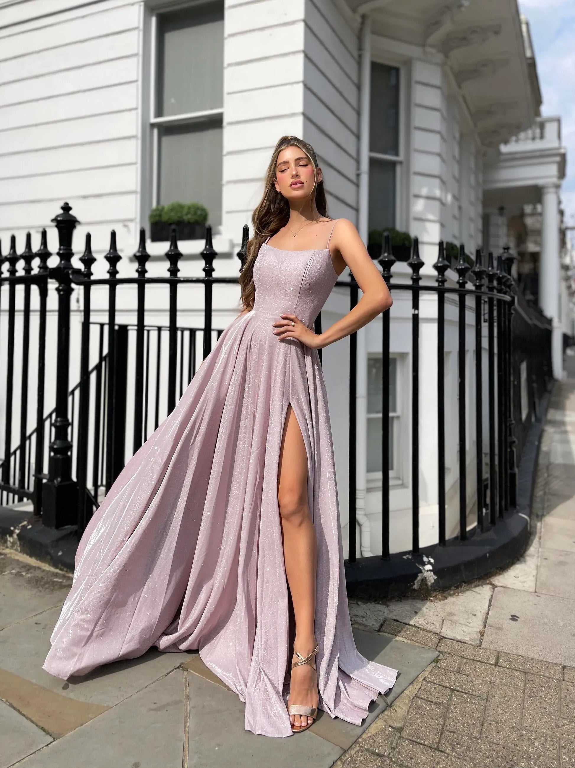 Dazzling A-Line Square Neck Sleeveless Glitter Fabric Lace-Up High Slit Prom Dress